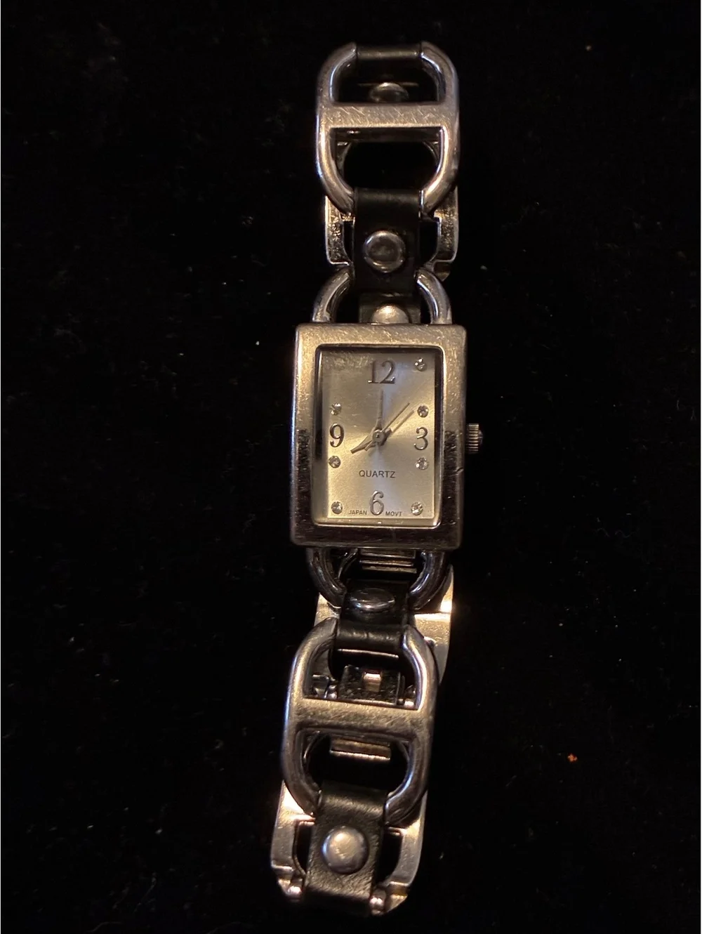 Vintage Women's Watch Silver Tone Rectangular Black Leather Stirrup Links